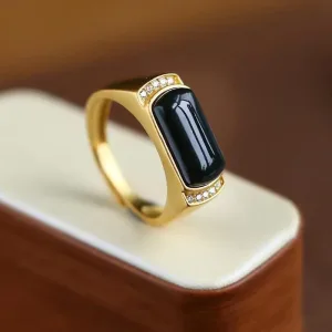 Bague Or Jaune 18K, Obsidienne, Redimensionnable