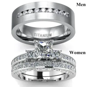 Bague De Couple, Acier Titane Blanc, Zircone