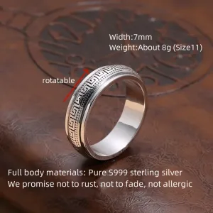 Bague En Argent S999 Rotative Pour Homme Et Femme