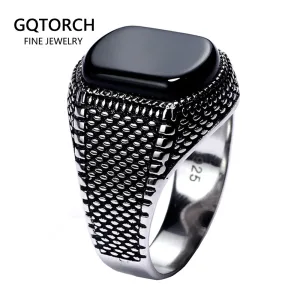 Bague En Argent S925 Pierre Noire D'agate Pour Homme