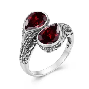 Bague Argent S925 2 Pierres Grenat Femme
